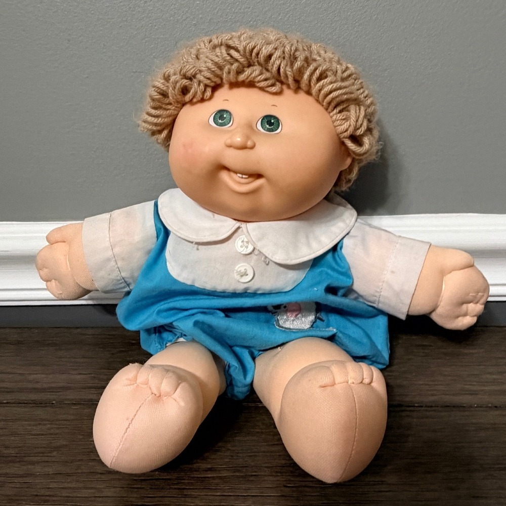 Vintage Cabbage Patch Kids Boy Doll Blonde Yarn Hair Green Eyes Blue Romper
